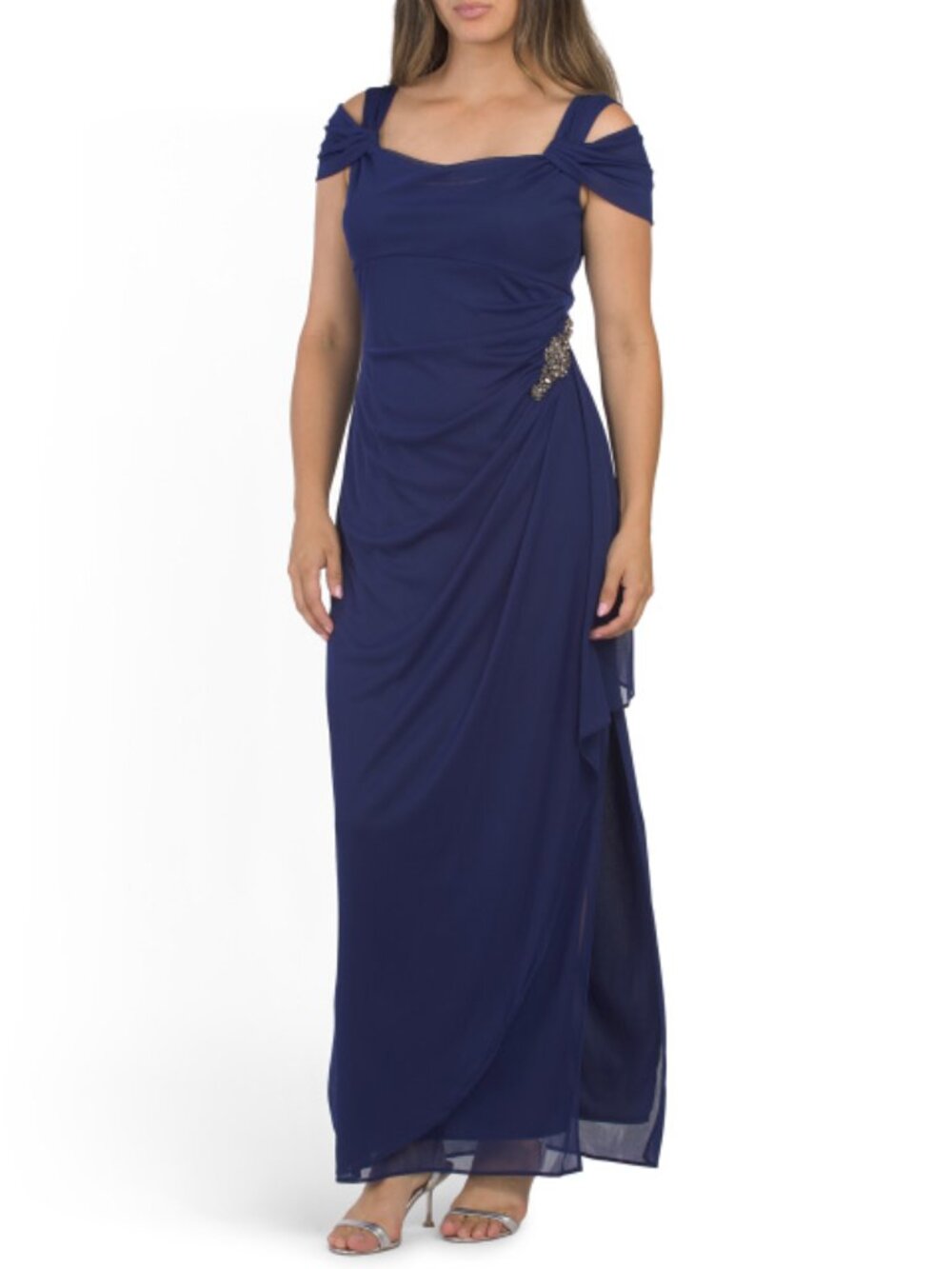 ALEX EVENINGS Cold Shoulder Mesh Maxi Dress With Square Neck And Cascading Ruffl